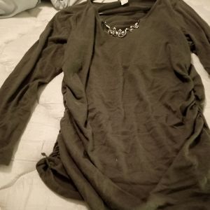 Olive green jeweled neckline cinched waist top